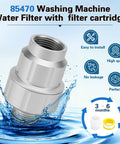 Inline 85470 Washing Machine Water Filter With Replacement Filter, shown with water splash and feature icons.