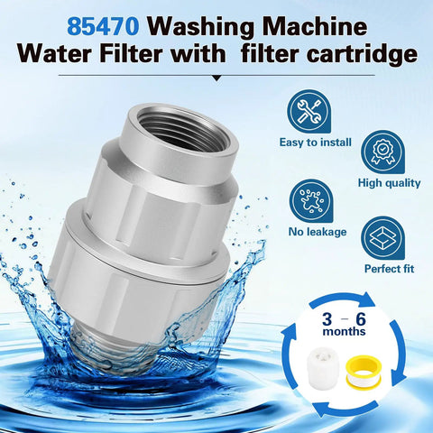 Inline 85470 Washing Machine Water Filter With Replacement Filter, shown with water splash and feature icons.
