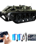 All Terrain 1 To 16 Scale Remote Control Tank Crawler with accessories including controller, batteries, charger, and box