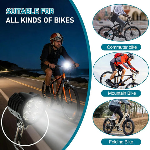 Ebike LED Headlight With Built In Horn For Night Riding All In One Front Light Universal 24V To 52V 4 Light Modes 3 Pin Connector Waterproof Bicycle Light For E Bikes And Scooters