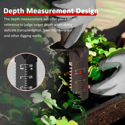 Heavy Duty Metal Detecting Shovel With Belt Sheath Double Serrated Edge Digging Tool depth measurement in garden setting