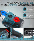 Heavy Duty Cordless Rivet Nut Tool With Pro Grade Rechargeable Battery And Complete Head Kit For M3 M4 M5 M6 M8 M10 M12 Blind Inserts Work Like A Champ Zero Hassle showing dual-speed adjustment and plastic body.