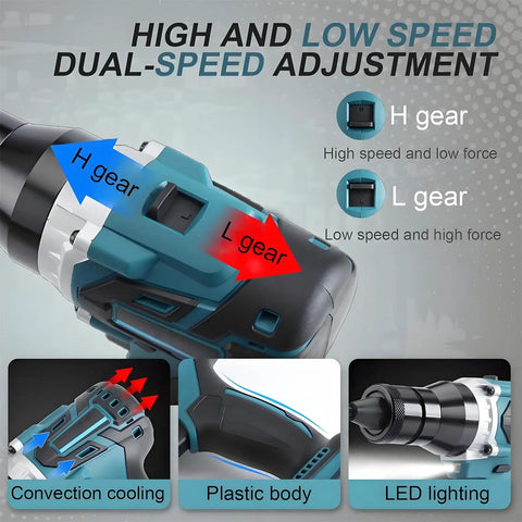 Heavy Duty Cordless Rivet Nut Tool With Pro Grade Rechargeable Battery And Complete Head Kit For M3 M4 M5 M6 M8 M10 M12 Blind Inserts Work Like A Champ Zero Hassle showing dual-speed adjustment and plastic body.