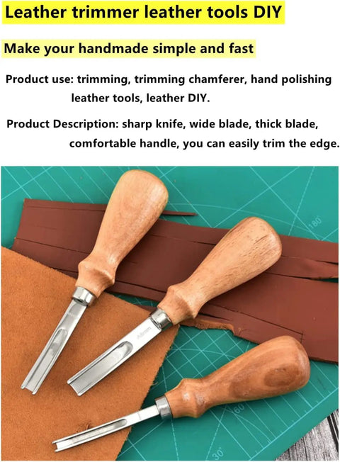 Leather Edge Skiving Beveler Tool Set For Leatherworking with wooden handles and steel blades on leather background