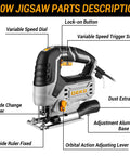 Tough As Nails Corded Jigsaw Saw With Quick Release Blades, showing parts like variable speed dial and dust extraction.