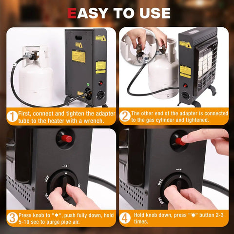 18,000 BTU Propane Patio Heater For Indoor And Outdoor Use With ODS And Tip Over Protection 3 Heat Modes Piezo Ignition steps