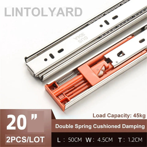 Three Section Stainless Steel Drawer Slides With Damping Buffer, 20 inch, heavy duty bottom slide rail, 45kg load capacity