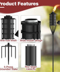 Close-up of black outdoor metal torch with anti-rust finish, wide-mouth design, and 5-prong stake for garden decoration.