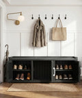 Waterproof Resin Shoe Bench With Adjustable Shelves, 2-Tier Hallway Storage Rack For Entryway, Living Room Or Bedroom, Indoor Outdoor Ready Black 3-Door Cabinet With Rustic Industrial Style For Shoes And More