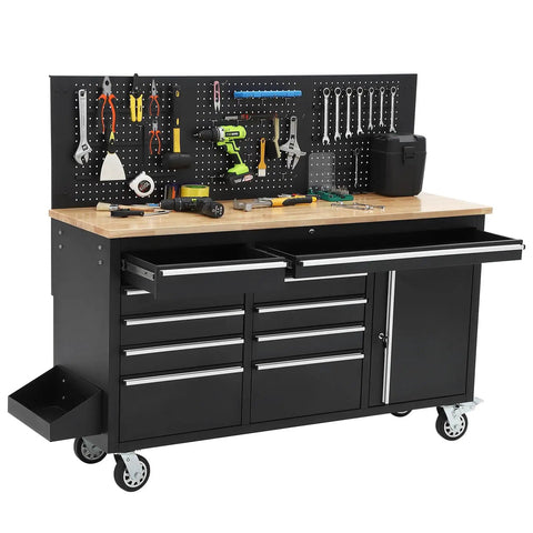 Black 61-Inch Heavy-Duty Rolling Tool Chest And Mobile Workbench With Nine Drawers, Rubber Wood Top, Locking System, Tools Displayed