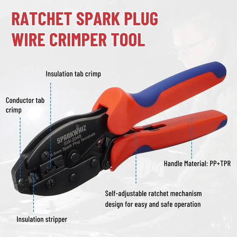Pro Grade All-In-One Ratcheting Spark Plug Wire Crimp Tool Kit For 8.0-8.5mm Wires, shown from side with labeled parts.