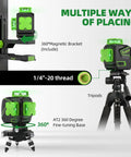 3 X 360 Cross Line Laser Level 3D Self Leveling with Green Beam, magnetic bracket, tripod, fine-tuning base shown in multiple setups