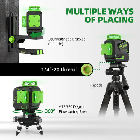3 X 360 Cross Line Laser Level 3D Self Leveling with Green Beam, magnetic bracket, tripod, fine-tuning base shown in multiple setups