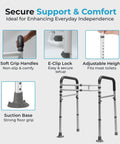 Adjustable Toilet Safety Rails With Hella Tough Handles Builds Rock Solid Support Structure for Elders and Disability Needs Supplies Badass Weight Capacity and Gnarly Anti Slip Texture Secures Your Daily Flush Routine in Black - Image showing soft grips, E-clip lock, and adjustable height.