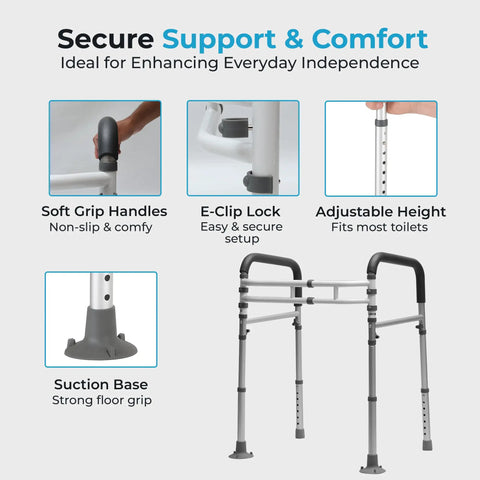 Adjustable Toilet Safety Rails With Hella Tough Handles Builds Rock Solid Support Structure for Elders and Disability Needs Supplies Badass Weight Capacity and Gnarly Anti Slip Texture Secures Your Daily Flush Routine in Black - Image showing soft grips, E-clip lock, and adjustable height.