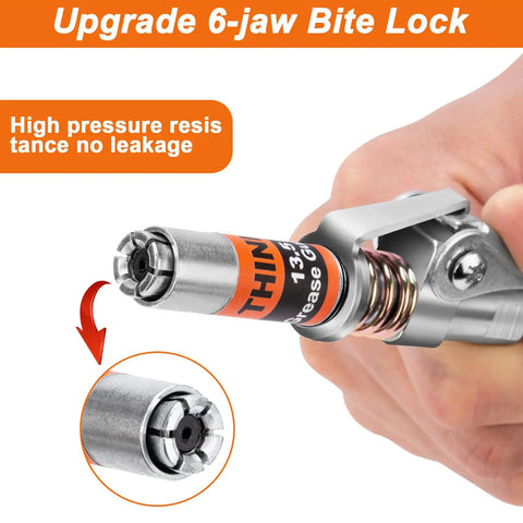 Upgrade 6-jaw bite lock on One Hand Ready Ultra Compact Locking Grease Gun Coupler with 12in Flex Hose 12000 PSI.