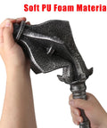 Hands holding a 33.4 Inch Foam Meteor Hammer Prop for Cosplay and Halloween, showing flexible silver finish PU foam material.