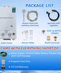 Package list for Ultra Lightweight Killer 8 Liter Portable Propane Water Heater With 2.11 GPM Tankless Flow and Crisp Digital Display.