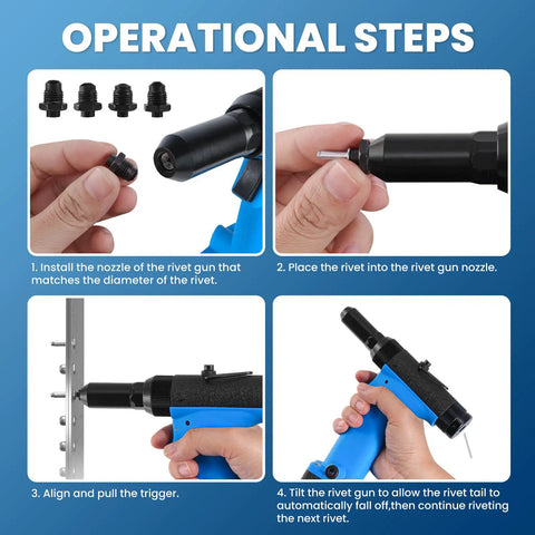 Professional Pneumatic Rivet Gun Equipped With Multi Size Nozzle Set Designed For Aluminum Steel And Stainless Steel Fabrication Tasks demonstrating operational steps.