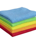 Stack of colorful Ultra Soft Microfiber Cleaning Cloths 5 Pack 11.8 By 11.8 Inches Highly Absorbent Reusable Rags for streak-free use.