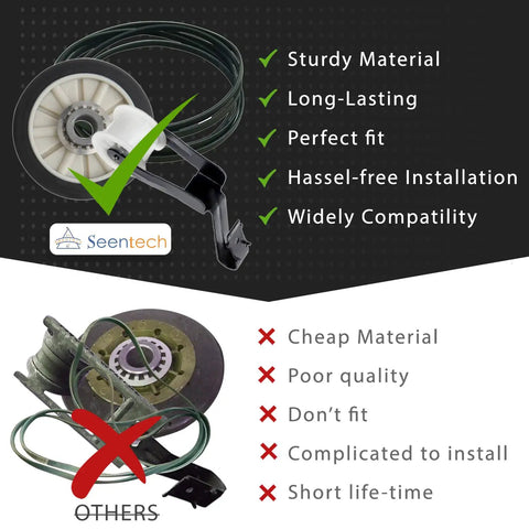Complete Dryer Repair Kit With Drum Rollers Idler Pulley And Belt for Whirlpool and Kenmore dryers showing quality comparison