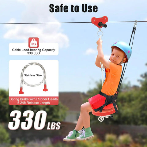 Child riding Backyard Zip Line Kit 160 Ft With Stainless Steel Spring Brake For Kids And Adults, with helmet and safety harness.
