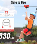 Child using 160 Foot Backyard Zip Line Kit Outdoor Zipline Set with Stainless Steel Spring Brake Seat Safety Harness, 330 pound capacity