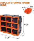 Modular Garage Storage Tower With 9 Removable Bins, Wall Mount Organizer, Black And Orange Polypropylene Cabinet, 12.5 X 6.6 X 14.9 Inches
