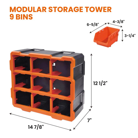 Modular Garage Storage Tower With 9 Removable Bins, Wall Mount Organizer, Black And Orange Polypropylene Cabinet, 12.5 X 6.6 X 14.9 Inches