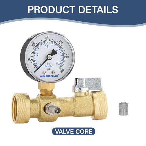 Air to Water Pressure Test Gauge 2 Inch Dial 0 to 300 Psi Leak Detector Kit with brass fittings and pressure gauge.