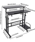 Smooth Operator Height Adjustable Standing Desk With Heavy Duty Steel Build And Six Easy Roll Wheels For Ergonomic Sit Stand Office Setup To Level Up Your Grind dimensions showing flat surfaces and wheel base.