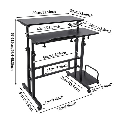Smooth Operator Height Adjustable Standing Desk With Heavy Duty Steel Build And Six Easy Roll Wheels For Ergonomic Sit Stand Office Setup To Level Up Your Grind dimensions showing flat surfaces and wheel base.