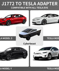 Image showing J1772 To Tesla Charger Adapter compatibility with Tesla Model 3, Y, X, S, and Cybertruck.