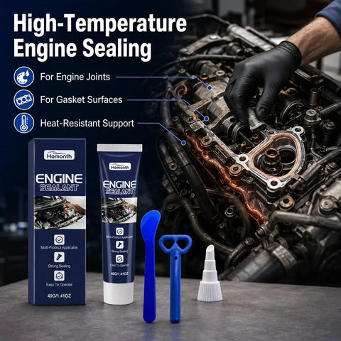 Top Tier Automotive Engine Sealant For Super High Temps shown with tools, used for engine joints and gaskets.
