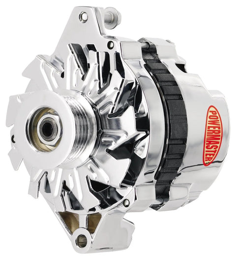 Powermaster chrome GM TPI 100 Amp automotive alternator, front view