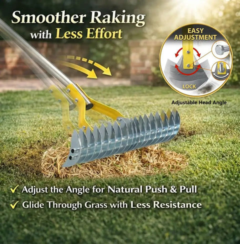 Dual Sided 15 Inch Dethatching Rake With Sharp Steel Tines And 70 Inch Adjustable Handle For Lawns removing dead grass
