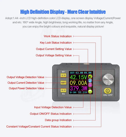 6 To 60V To 0 To 50V 20A DC Buck Converter Module with high-definition display showing voltage and current settings
