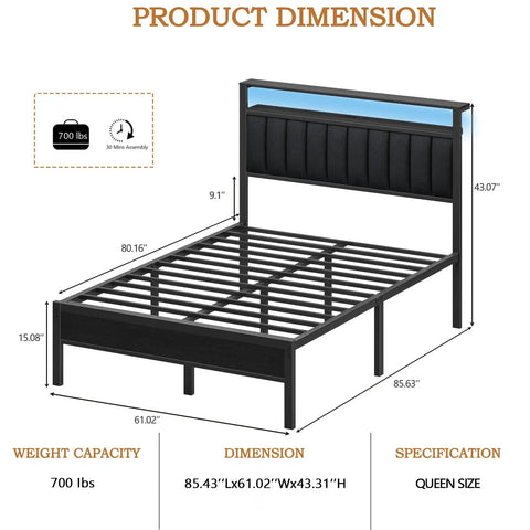 Dimensions of Queen Size Bed Frame With Smart RGB LED Lights And Remote App Control Featuring Over 60000 Custom Colors Quick Charge Hub.