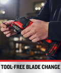 Close-up of hands using V20 Cordless Oscillating Multi Tool With Beast Mode Power Up To 19000 OPM, showing tool-free blade change system.