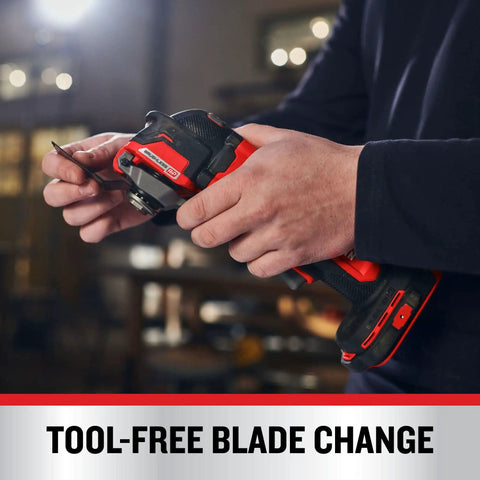 Close-up of hands using V20 Cordless Oscillating Multi Tool With Beast Mode Power Up To 19000 OPM, showing tool-free blade change system.