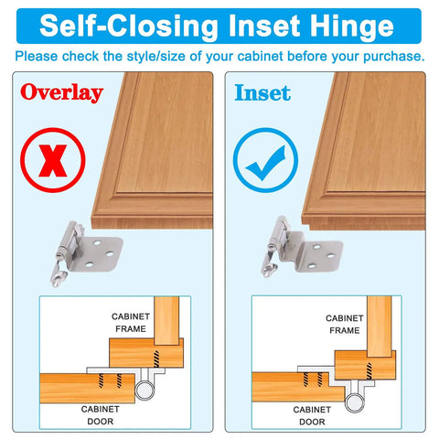 Comparison of overlay vs inset installation for 30 Pack Three Eighths Inch Inset Hinges for Face Frame Kitchen Cabinets Satin Nickel Self Closing Hinges with Mounting Screws Easy Install Heavy Duty Hardware for Smooth Self Closing Doors and Durable Cupboard Use.