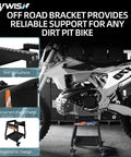Movable Dirt Bike Stand With Wheels Motorcycle Lift Panel for heavy duty use, supporting a dirt bike with anti-slip and ergonomic design.