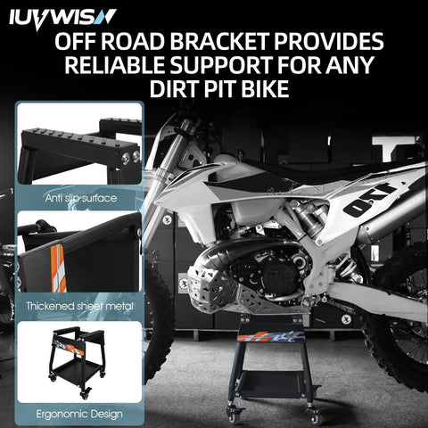 Movable Dirt Bike Stand With Wheels Motorcycle Lift Panel for heavy duty use, supporting a dirt bike with anti-slip and ergonomic design.