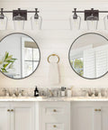 Bathroom with 3 Light Bathroom Vanity Light Fixture With Metal Modern Frame, Industrial Over Mirror Lighting, Farmhouse Wall Sconce With Clear Glass Shades, Durable Oil Rubbed Bronze Finish For A Fresh Bathroom Vibe above dual sinks