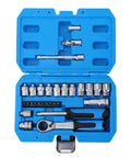 Knockout 46 Piece Pass Through Socket Set With Slim Offset Handle And Insert Style Heavy Duty Ratchet Wrench in blue case.