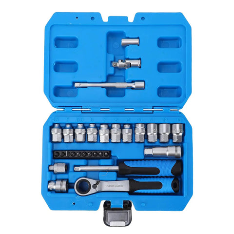 Knockout 46 Piece Pass Through Socket Set With Slim Offset Handle And Insert Style Heavy Duty Ratchet Wrench in blue case.