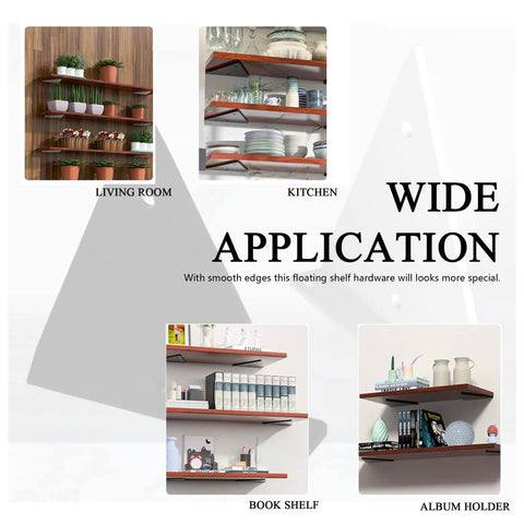 Image of Four Pack Floating Shelf Brackets 4x3 Inch Hidden Triangle Design Sleek Space Saving Wall Shelves in various home applications