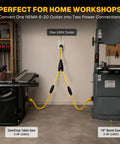 Heavy Gauge Three Foot Y Splitter Converts One NEMA 6-20 Male Plug Into Two Ready To Go Female Outlets So You Can Charge Your EV And Run Workshop Gear Double Quick Without Cord Switching Headaches in home workshop with two tools.