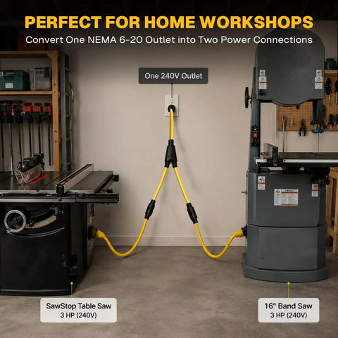 Heavy Gauge Three Foot Y Splitter Converts One NEMA 6-20 Male Plug Into Two Ready To Go Female Outlets So You Can Charge Your EV And Run Workshop Gear Double Quick Without Cord Switching Headaches in home workshop with two tools.