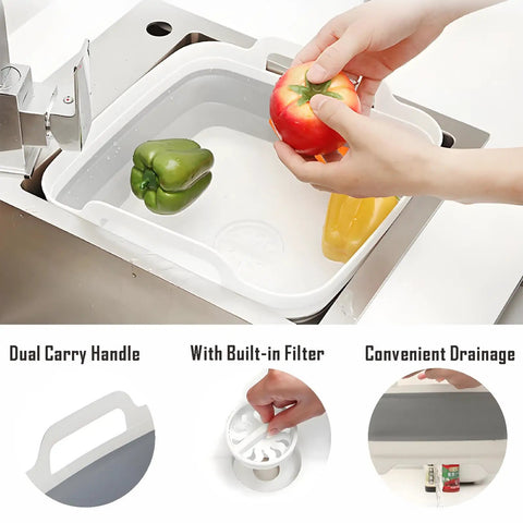 Collapsible Dish Basin With Drain Plug And Drainer 9L 2.4 Gallon Portable Wash Basin in use with vegetables in a kitchen sink.